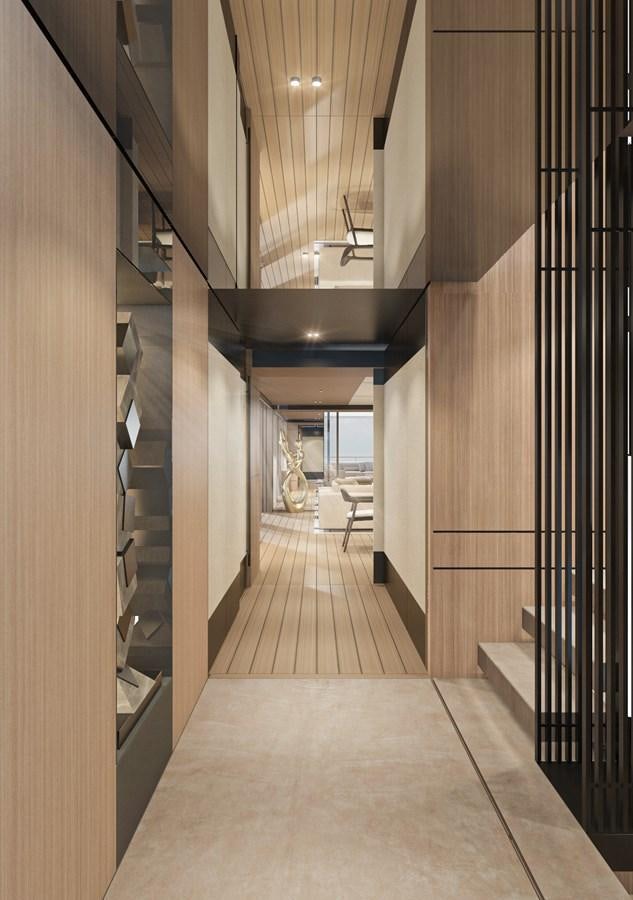 a hallway with a glass door aboard CONRAD C144S HULL #4 Yacht for Sale