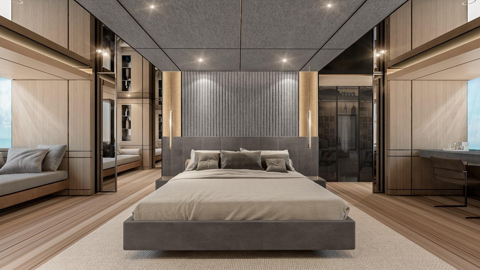 a large bedroom with a large bed aboard CONRAD C144S HULL #4 Yacht for Sale