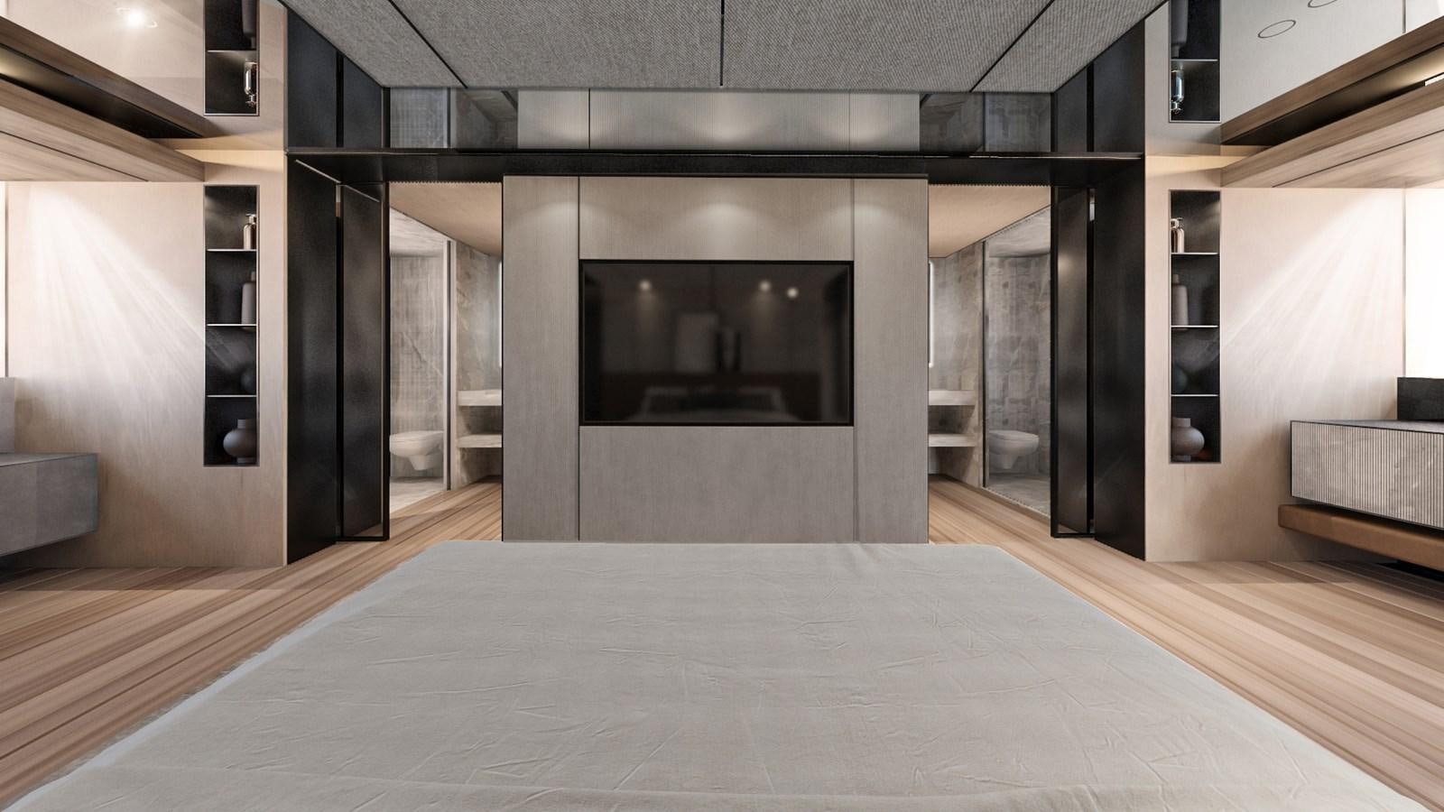 a large room with a large fireplace aboard CONRAD C144S HULL #4 Yacht for Sale