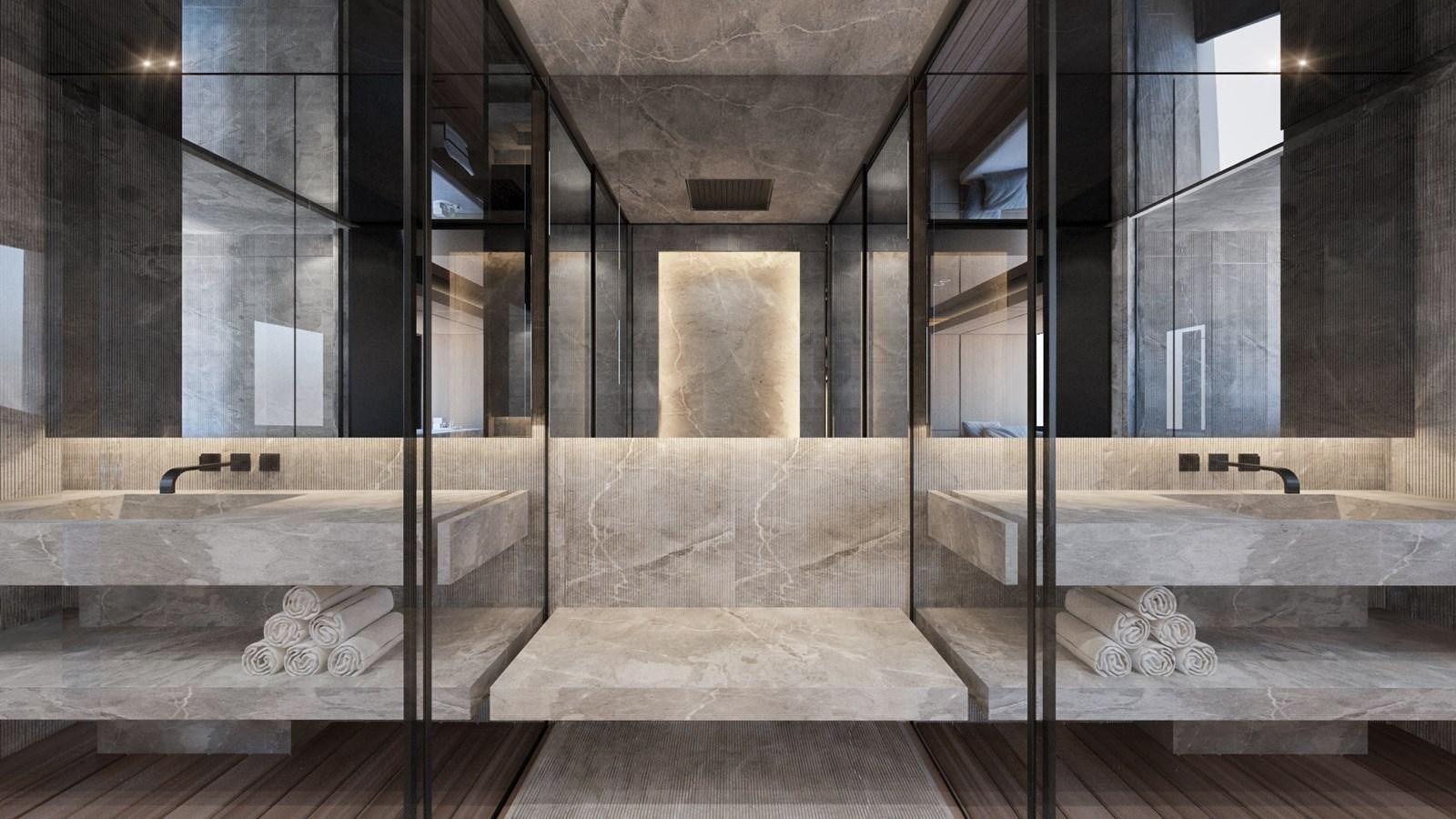 a bathroom with a large tub aboard CONRAD C144S HULL #4 Yacht for Sale