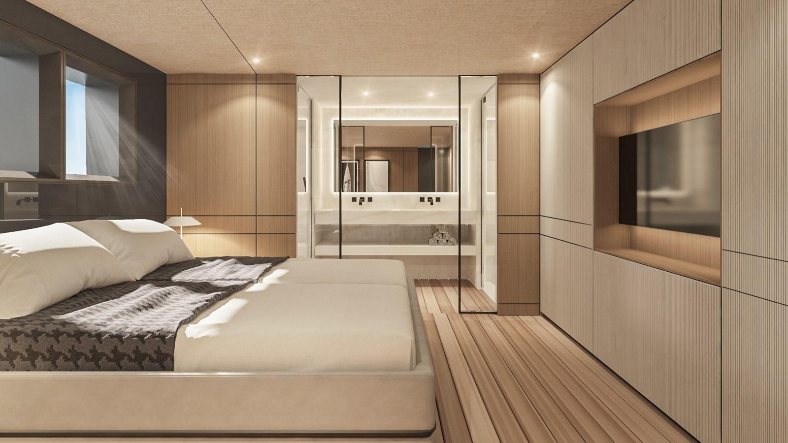 a bedroom with a bed and a mirror aboard CONRAD C144S HULL #4 Yacht for Sale