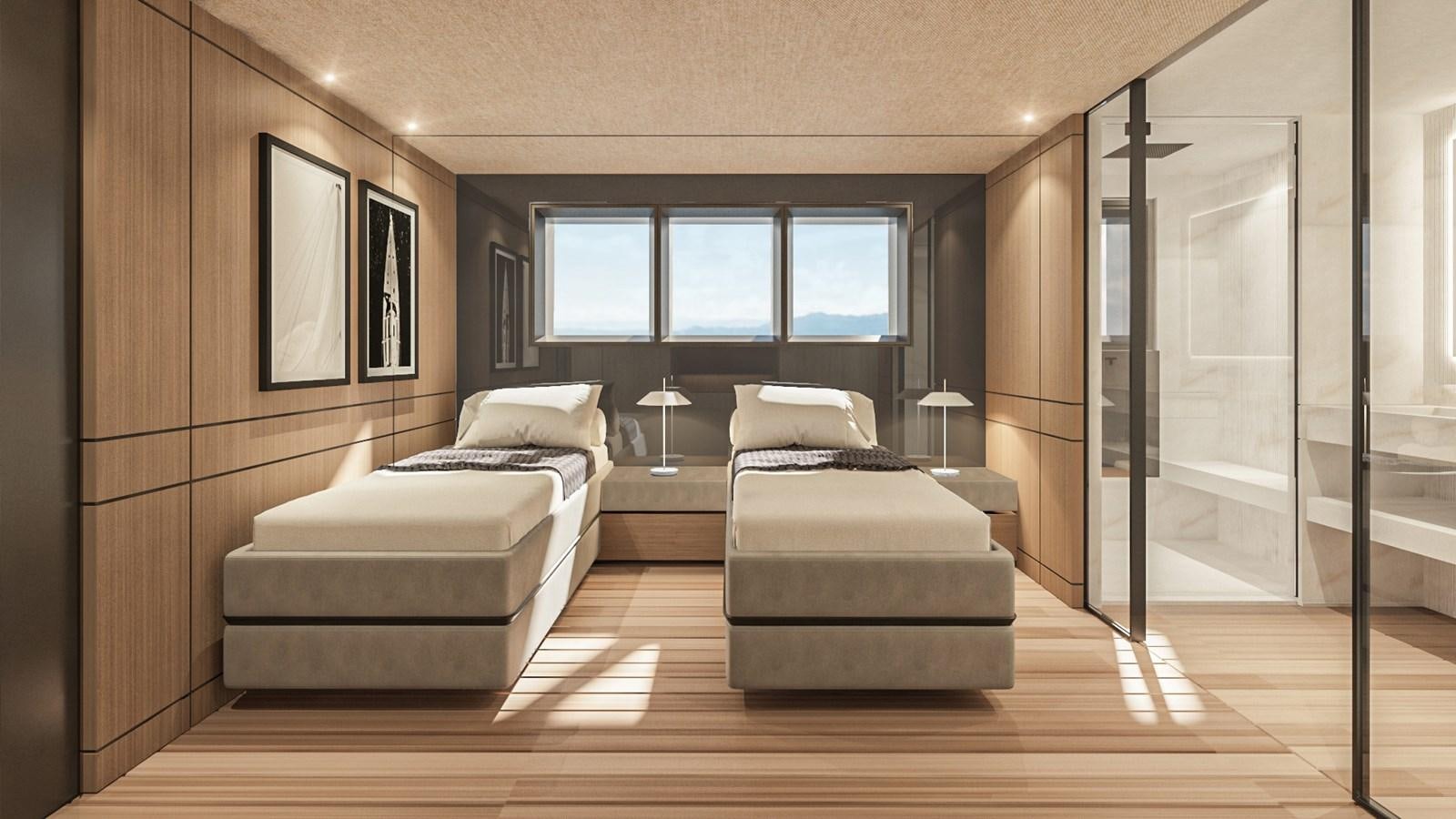 a room with a bed and a mirror aboard CONRAD C144S HULL #4 Yacht for Sale
