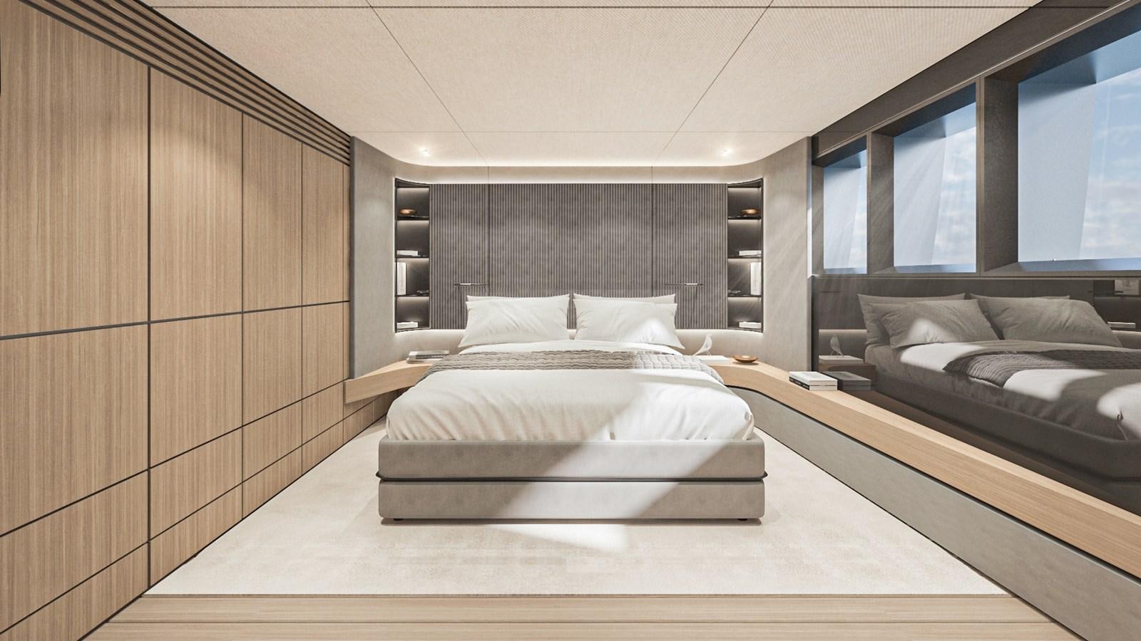 a room with a bed and a desk aboard CONRAD C144S HULL #4 Yacht for Sale