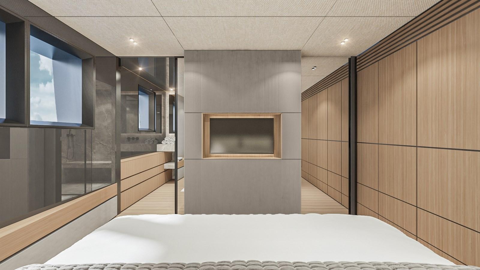 a room with a bed and a tv aboard CONRAD C144S HULL #4 Yacht for Sale