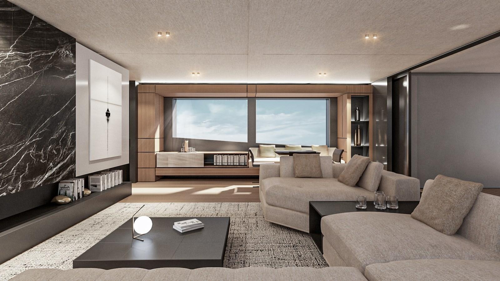 a living room with a large screen aboard CONRAD C144S HULL #4 Yacht for Sale