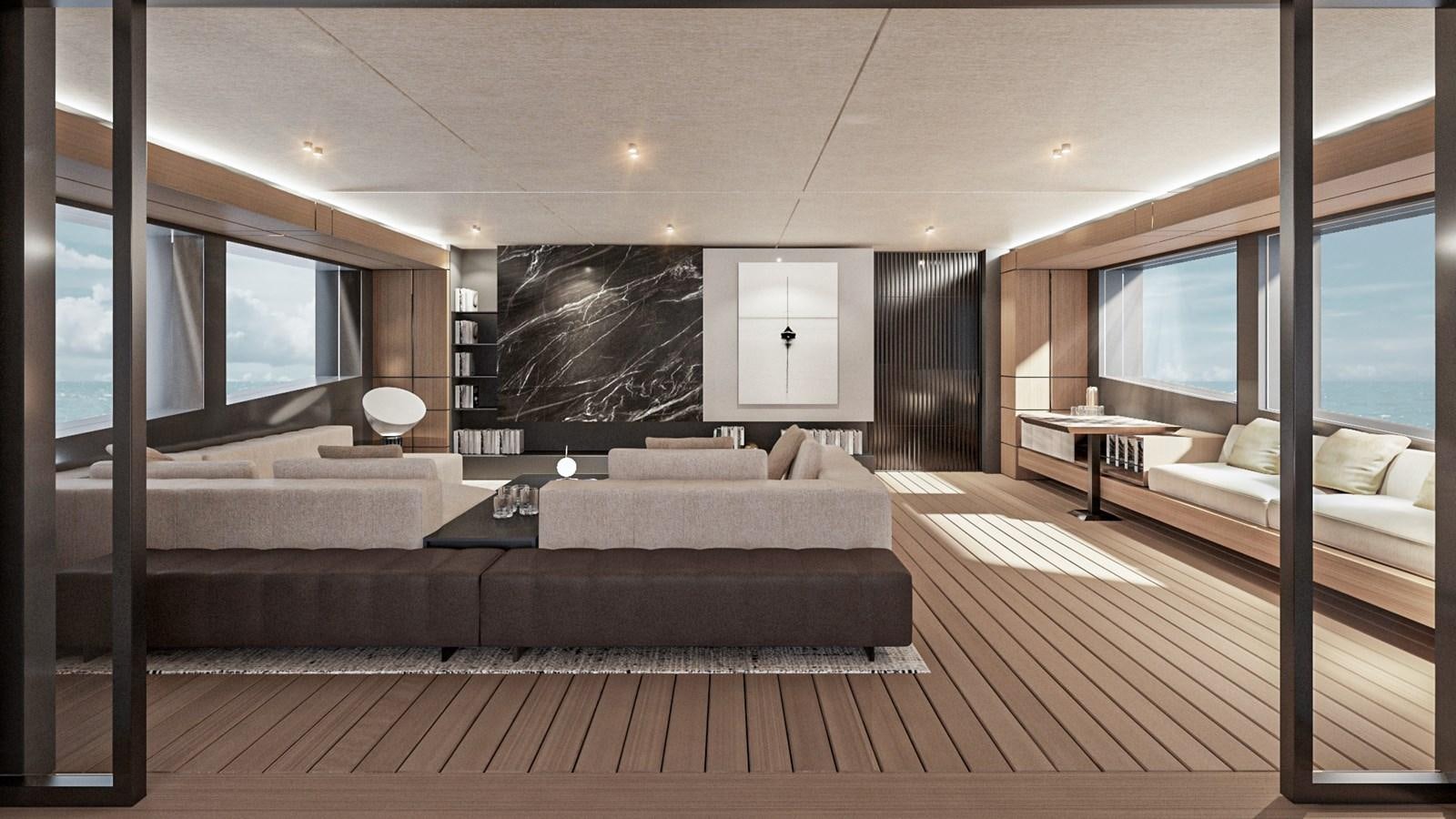a large living room with a large screen aboard CONRAD C144S HULL #4 Yacht for Sale