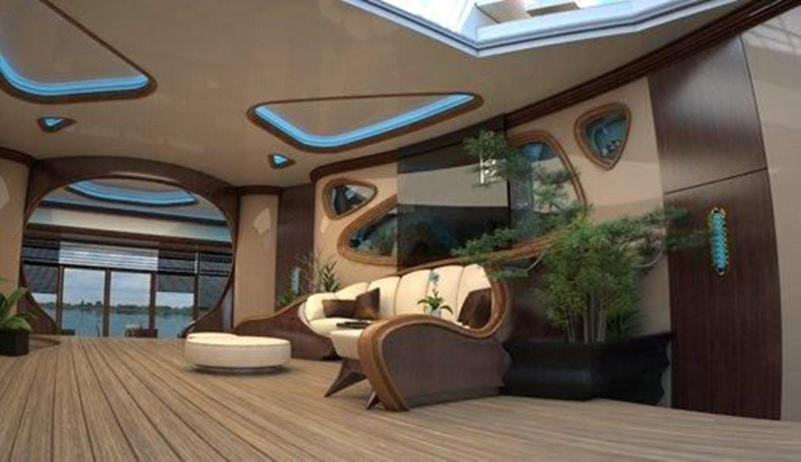 a room with a wood table and a large window with a plant on the wall aboard 2020 ORION ORSOS ISLAND Yacht for Sale