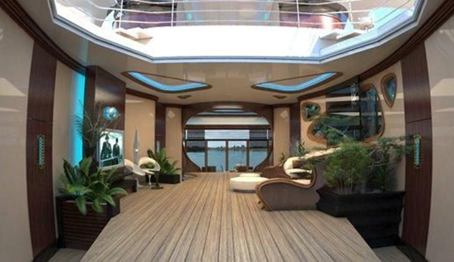 a room with a wood floor and a large window with plants and a ceiling fan aboard 2020 ORION ORSOS ISLAND Yacht for Sale