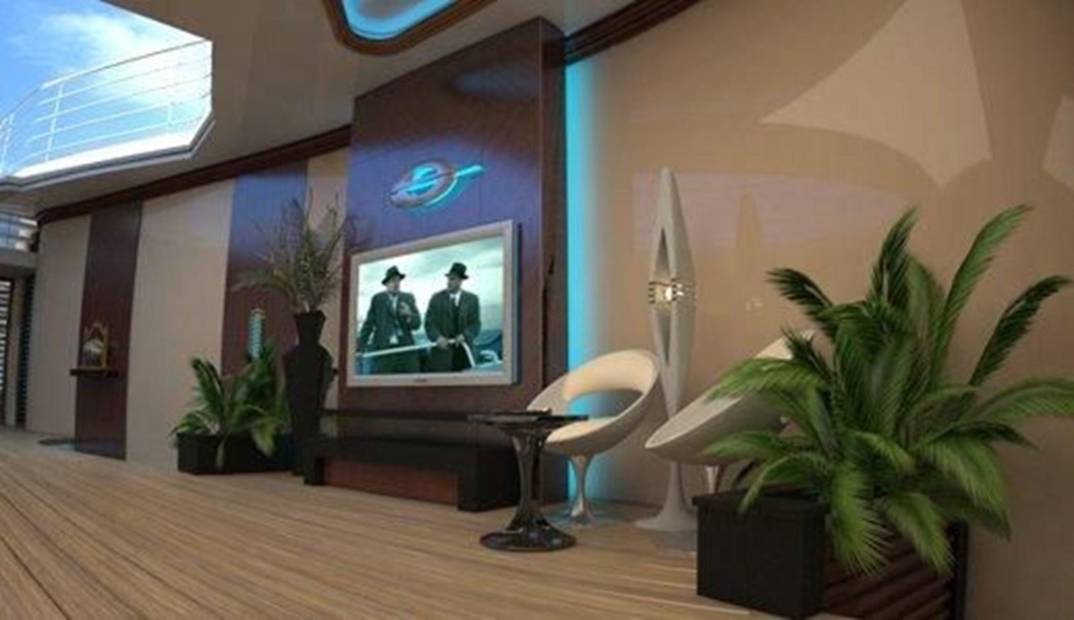 a living room with a television and plants aboard 2020 ORION ORSOS ISLAND Yacht for Sale