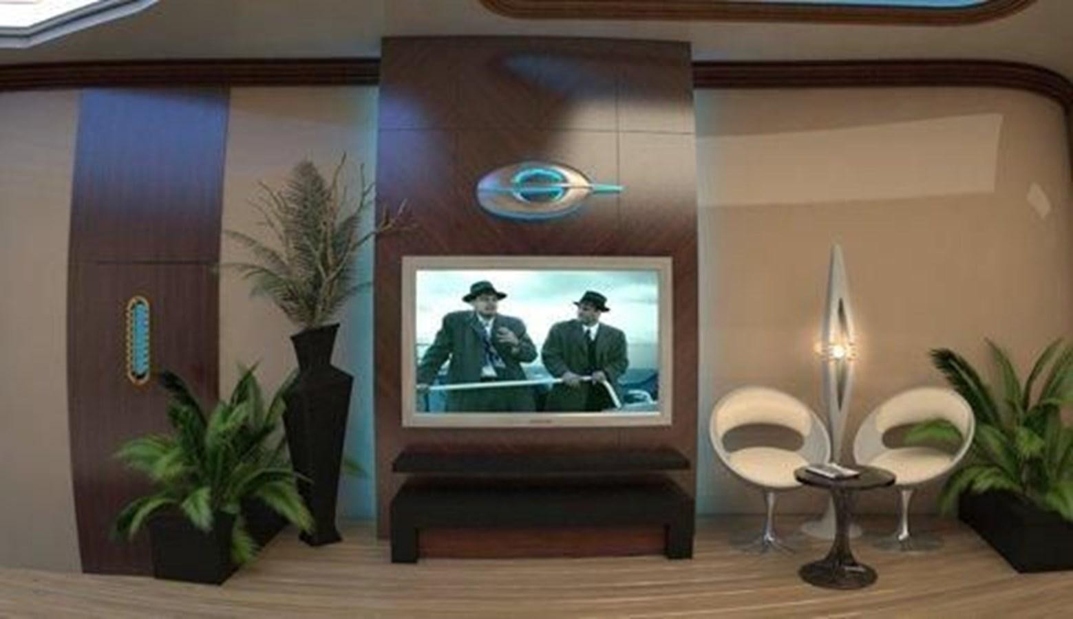 a room with a television and candles aboard 2020 ORION ORSOS ISLAND Yacht for Sale