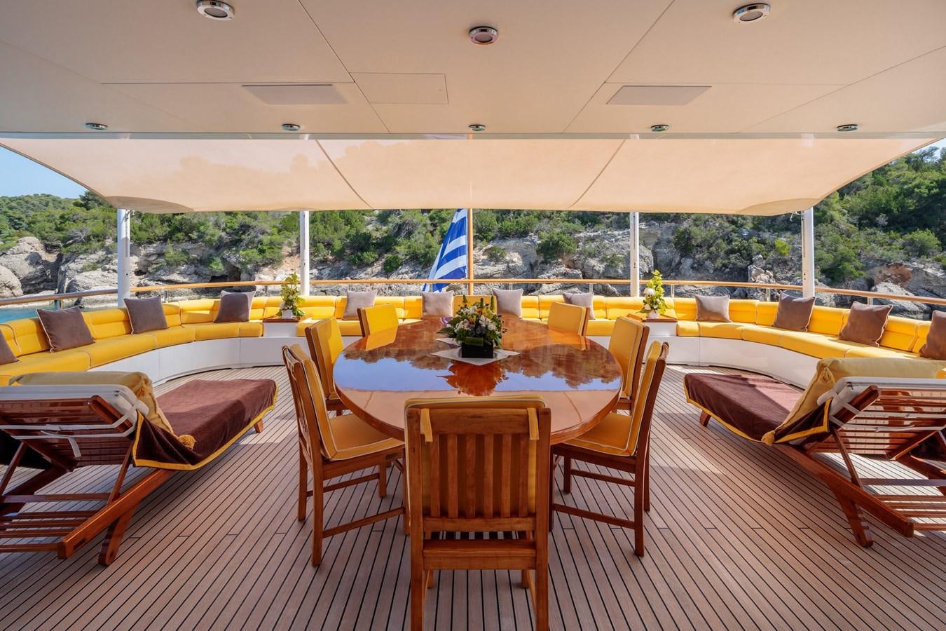 a room with tables and chairs aboard VERA Yacht for Sale