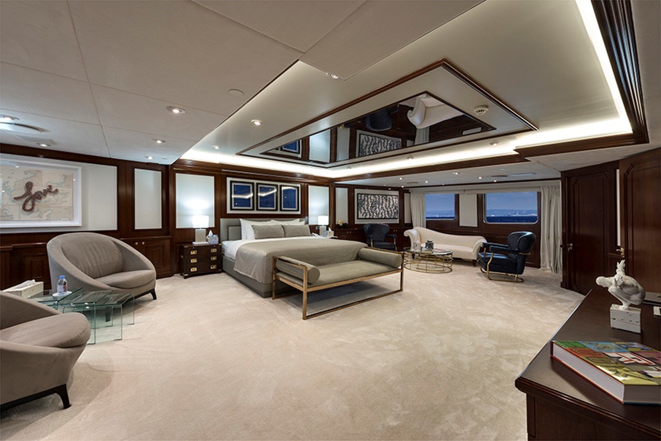 a large living room with a large open floor plan aboard CHAKRA Yacht for Charter