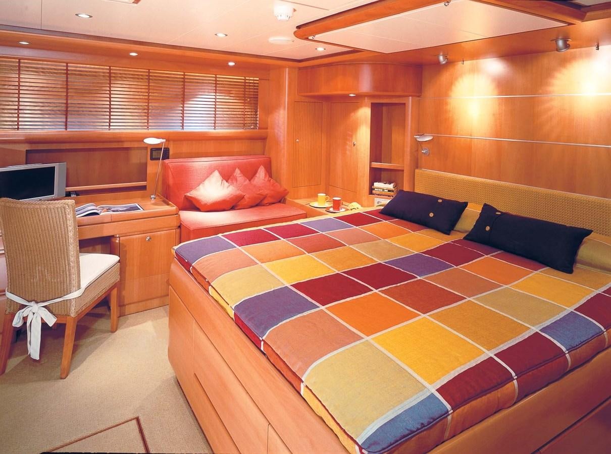 a bedroom with a bed and desk aboard MBOLO Yacht for Sale