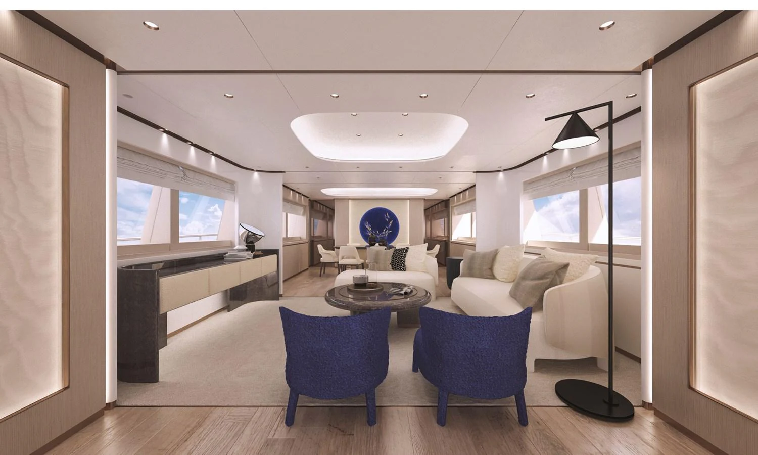 a living room with a large mirror aboard O'RIANA Yacht for Sale