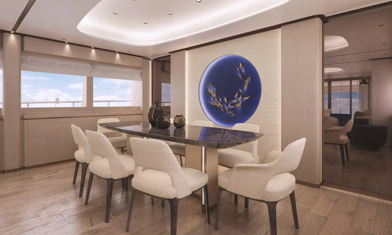 a room with a table and chairs aboard O'RIANA Yacht for Sale