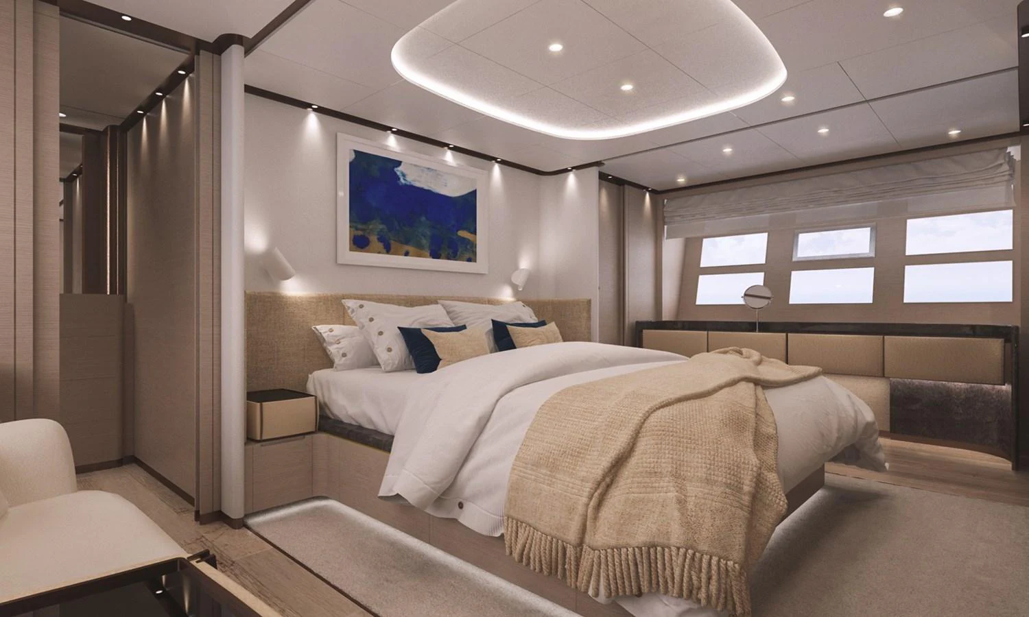 a room with a bed and a window aboard O'RIANA Yacht for Sale