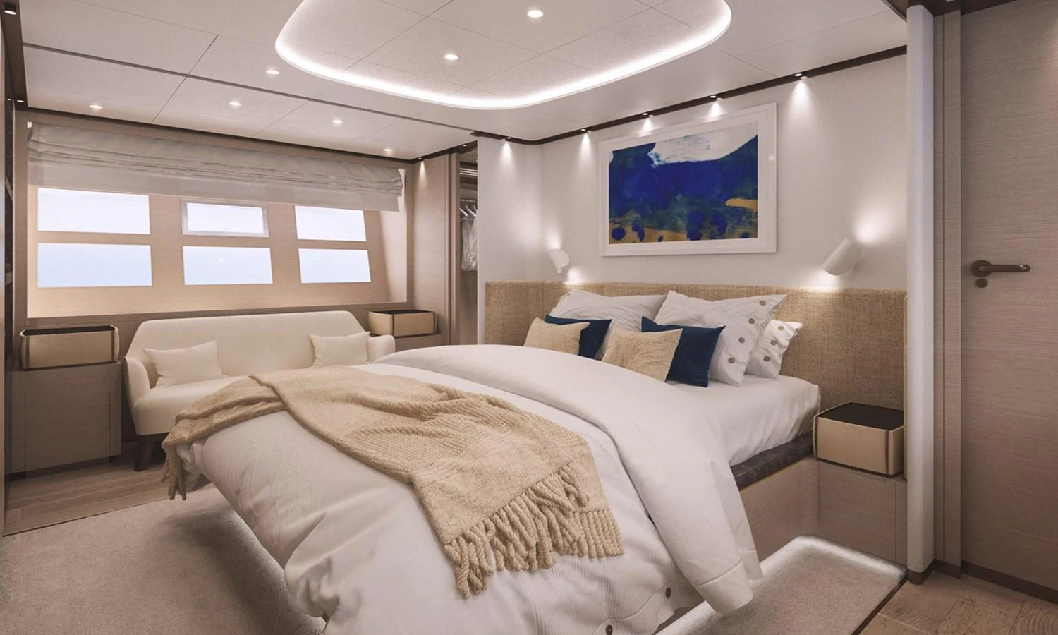 a room with a bed and a window aboard O'RIANA Yacht for Sale