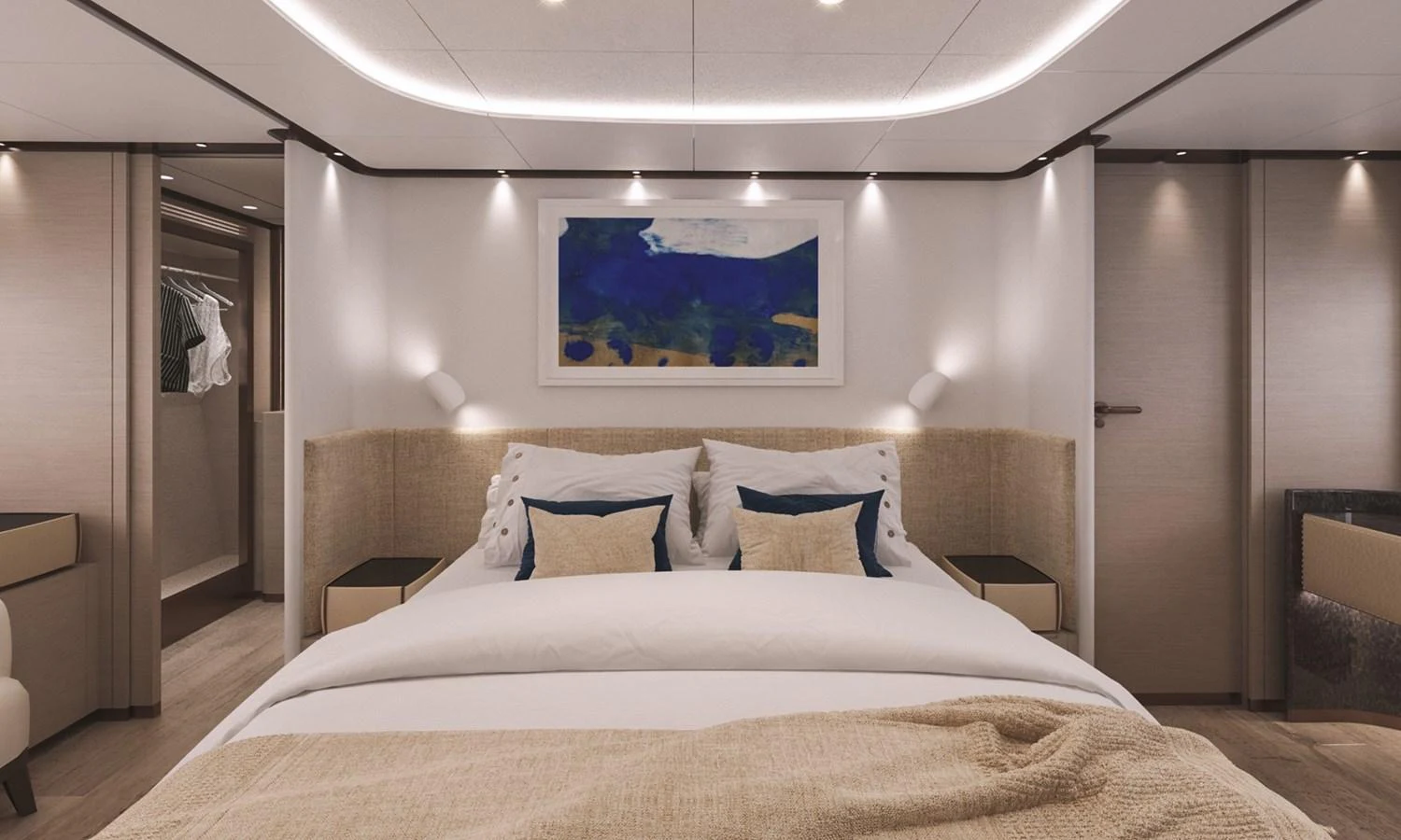 a bed with a white bed spread aboard O'RIANA Yacht for Sale