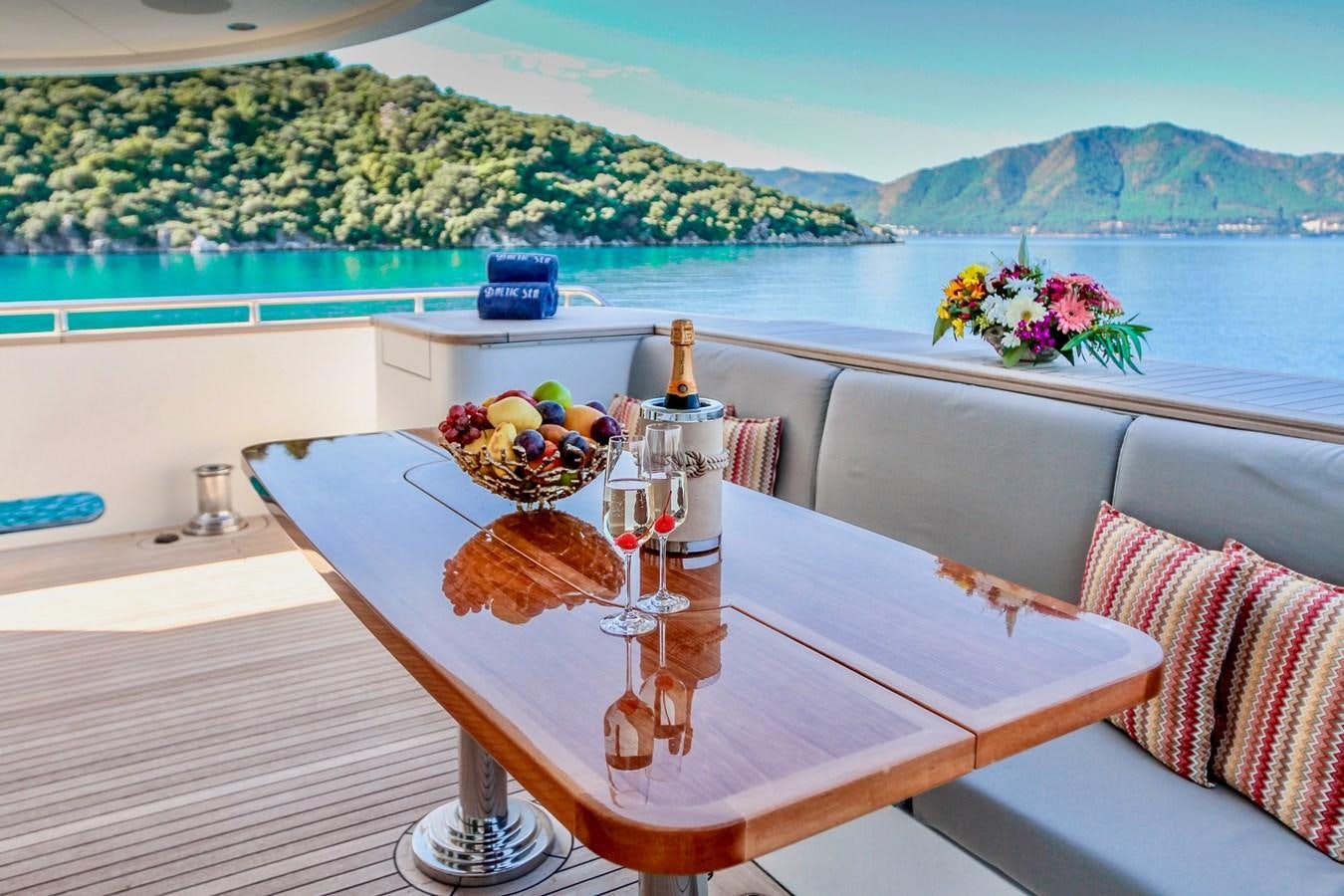 a table with glasses and food on it aboard BALTIC SEA Yacht for Sale