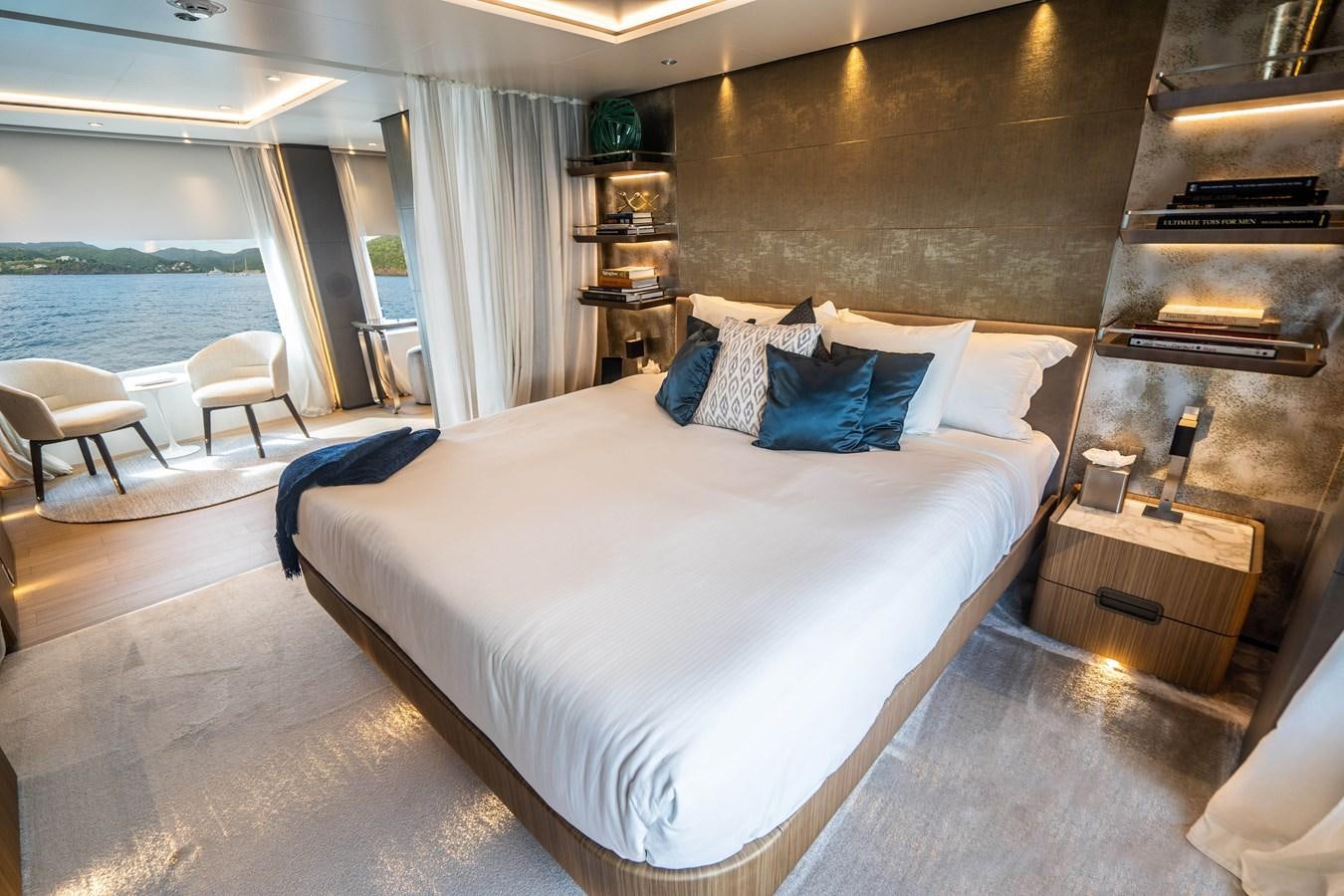 a bed in a room aboard NEVER BLUE Yacht for Sale