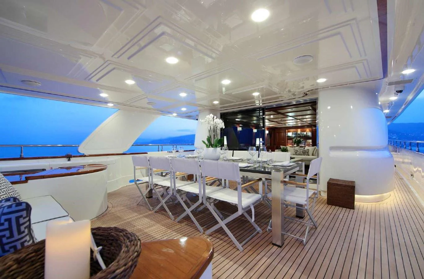a room with tables and chairs aboard LADY SOUL Yacht for Charter