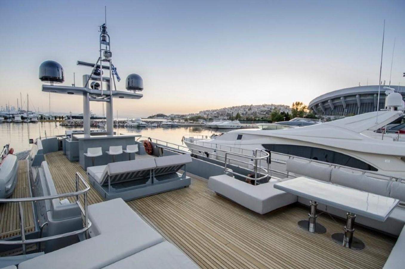 a large ship docked at a pier aboard NOT GUILTY III Yacht for Sale