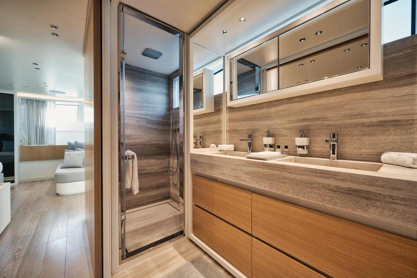 a bathroom with a large glass shower aboard DON'T TELL MOM  Yacht for Sale