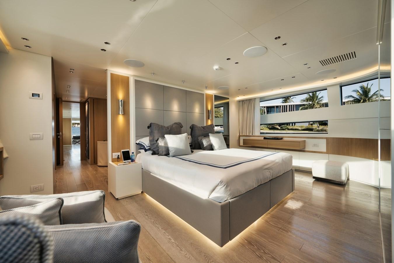 a large bedroom with a large bed aboard DON'T TELL MOM  Yacht for Sale