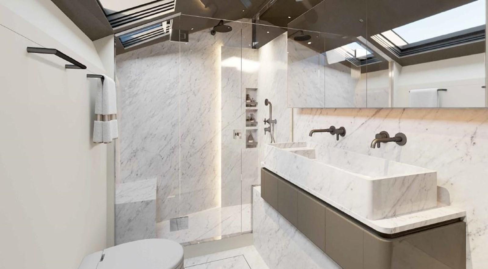 a bathroom with a sink and a shower aboard 2022 SANLORENZO SL90A #786 Yacht for Sale