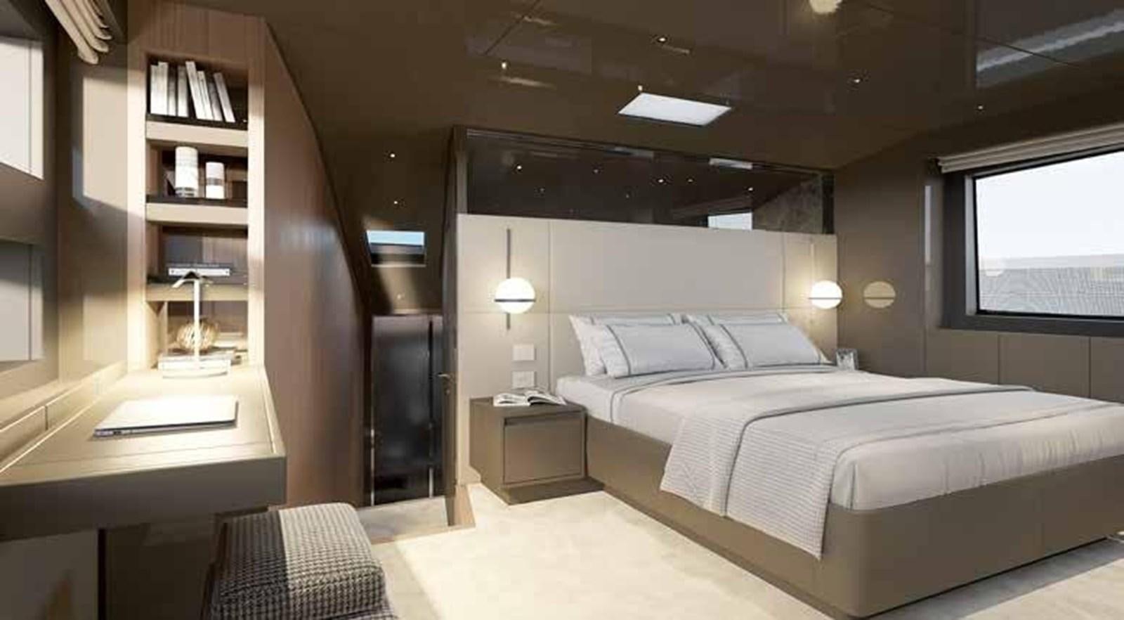 a bedroom with a bed and a bookcase aboard 2022 SANLORENZO SL90A #786 Yacht for Sale