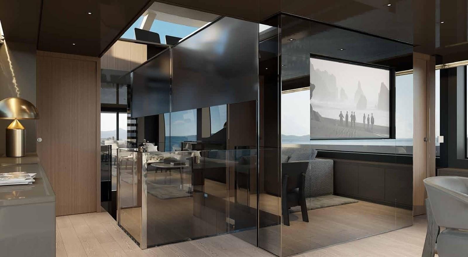 a room with a large screen aboard 2022 SANLORENZO SL90A #786 Yacht for Sale