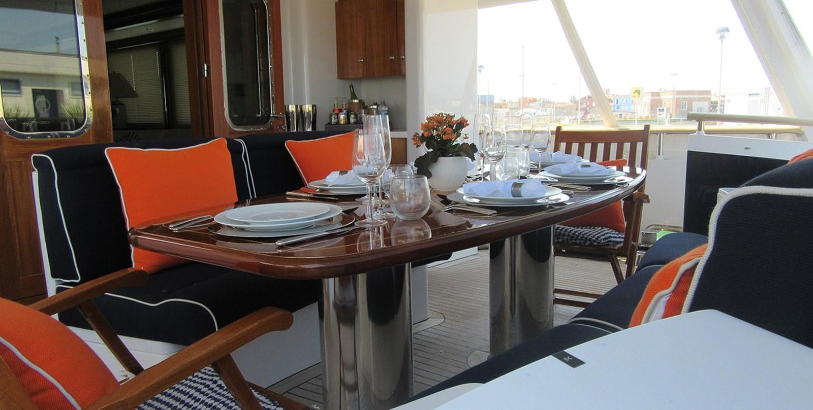 a table with plates and glasses on it aboard BLUE PEARL Yacht for Sale