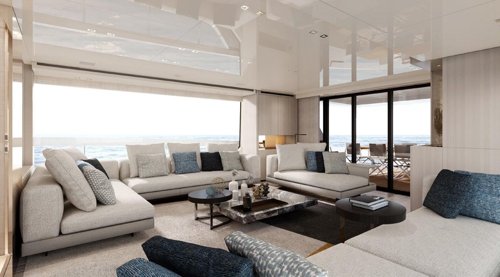 a living room with a large window aboard 2022 SANLORENZO SX88 #47 Yacht for Sale