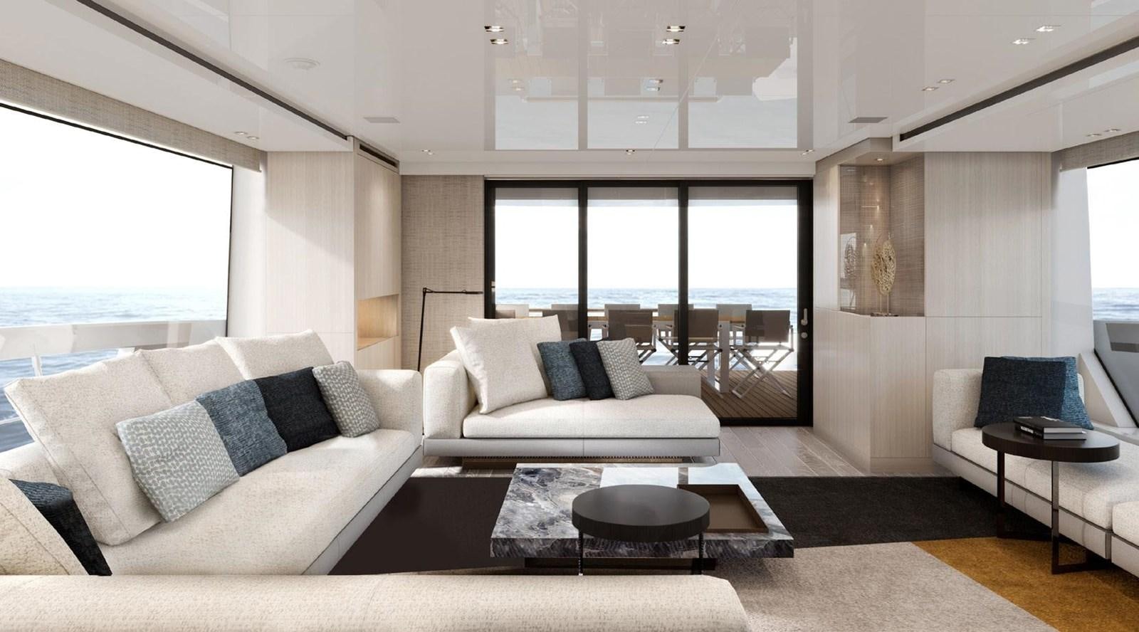 a living room with a large window aboard 2022 SANLORENZO SX88 #47 Yacht for Sale