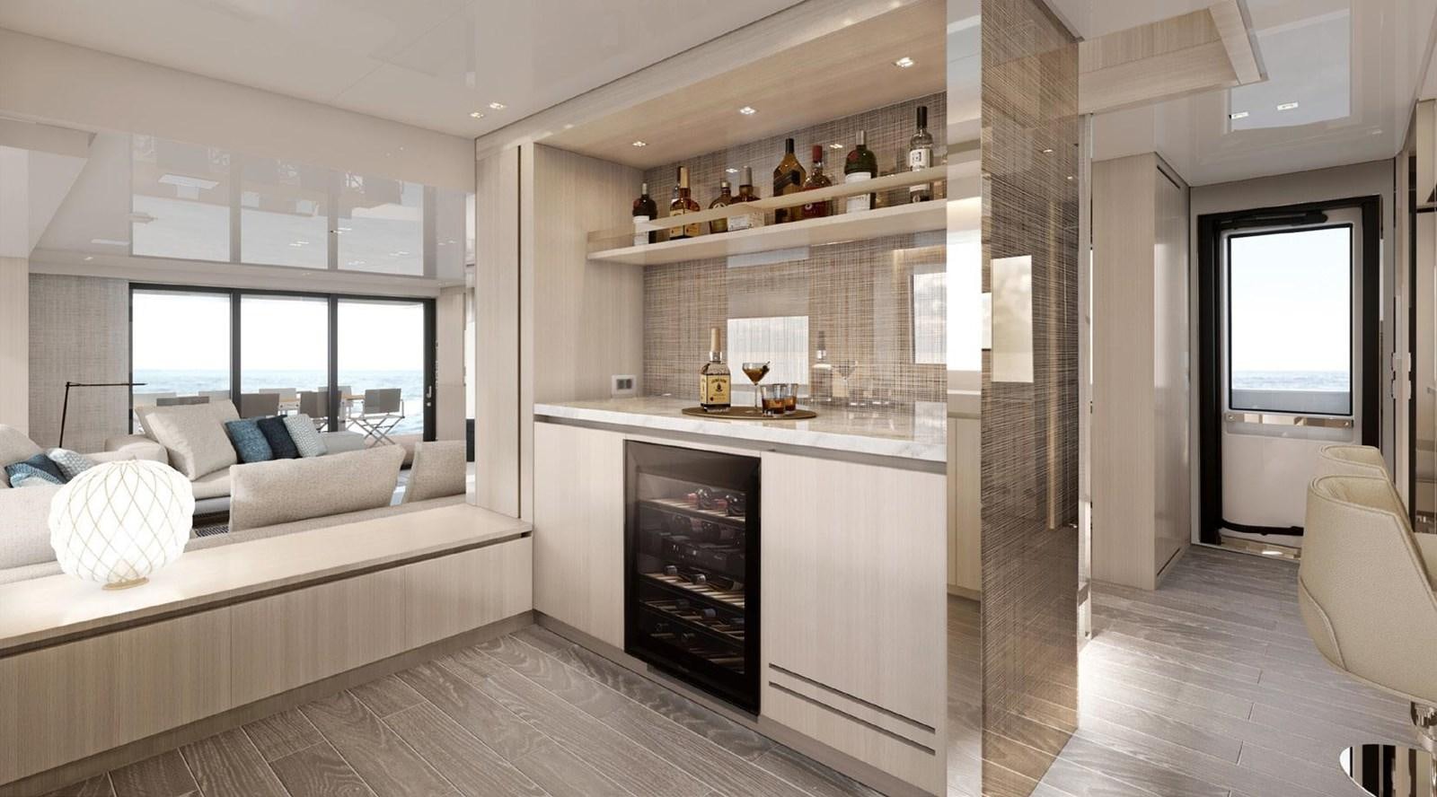 a living room with a fireplace aboard 2022 SANLORENZO SX88 #47 Yacht for Sale