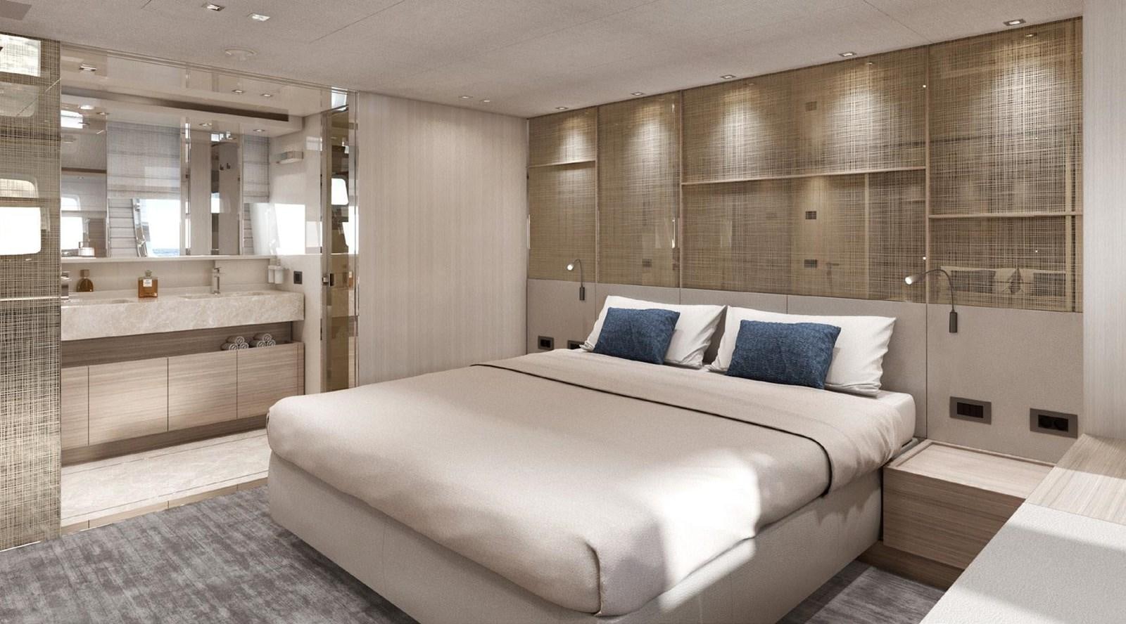 a large white bed in a room aboard 2022 SANLORENZO SX88 #47 Yacht for Sale