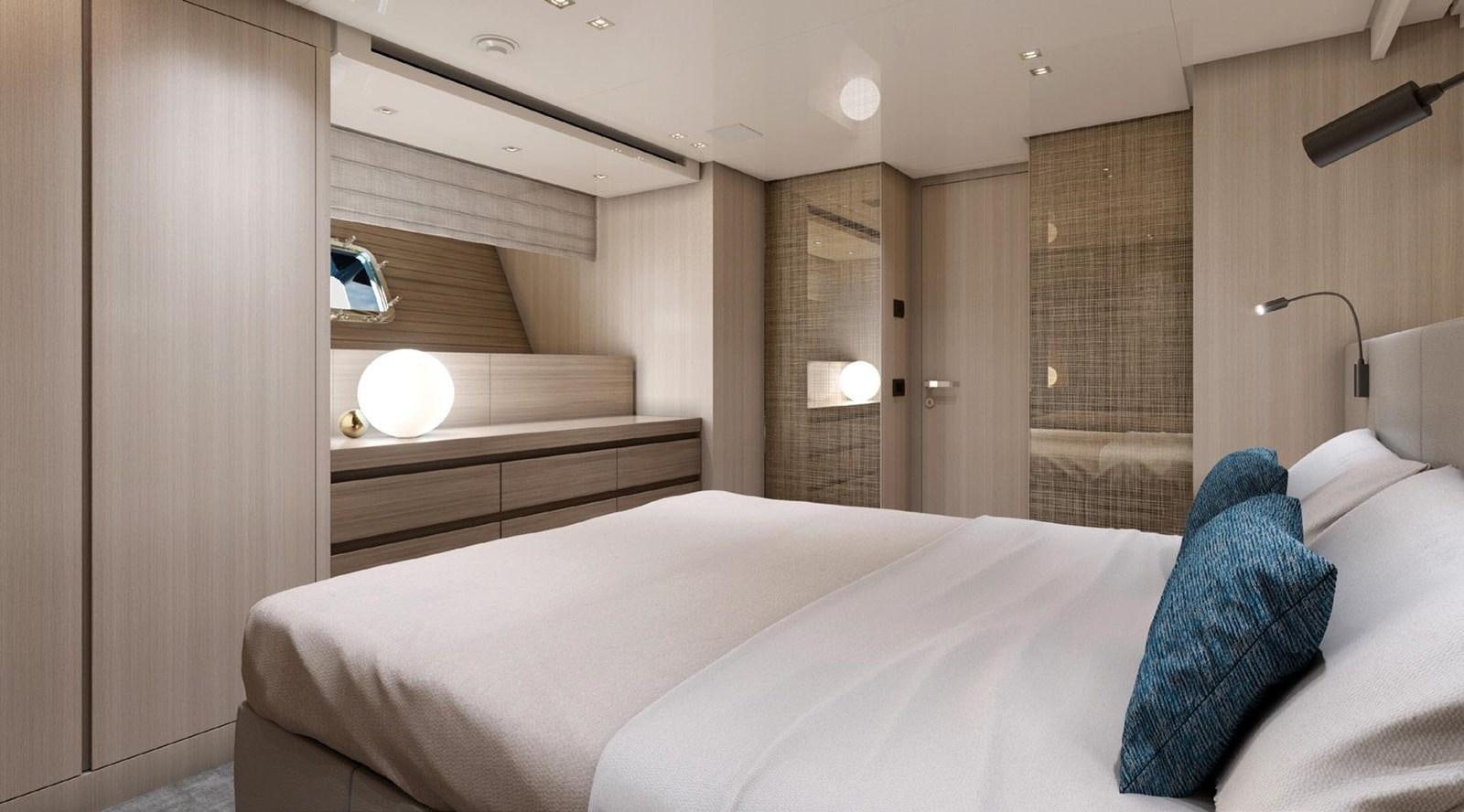 a bed with a white sheet aboard 2022 SANLORENZO SX88 #47 Yacht for Sale