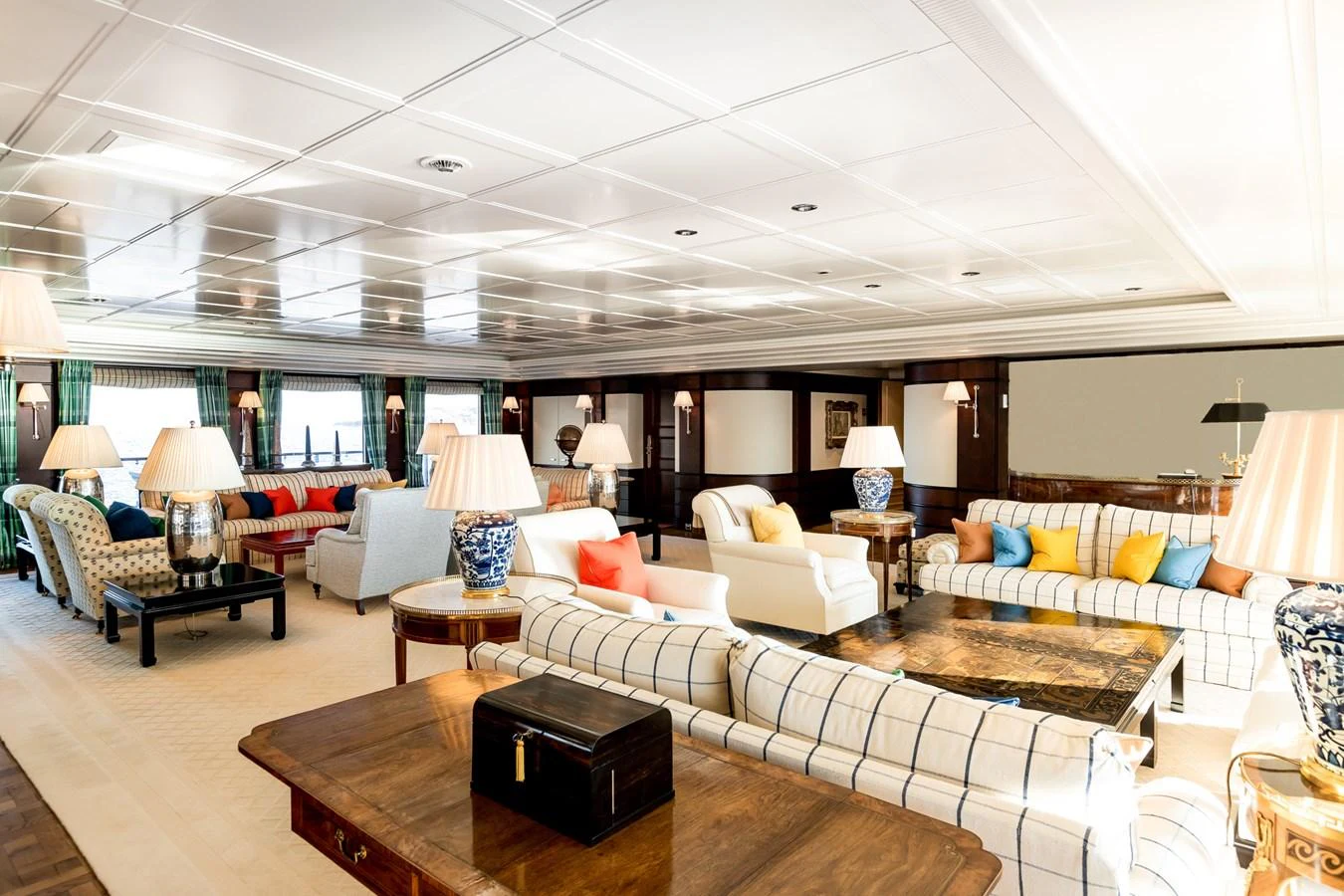 a living room with a large white ceiling aboard CARINTHIA VII Yacht for Charter