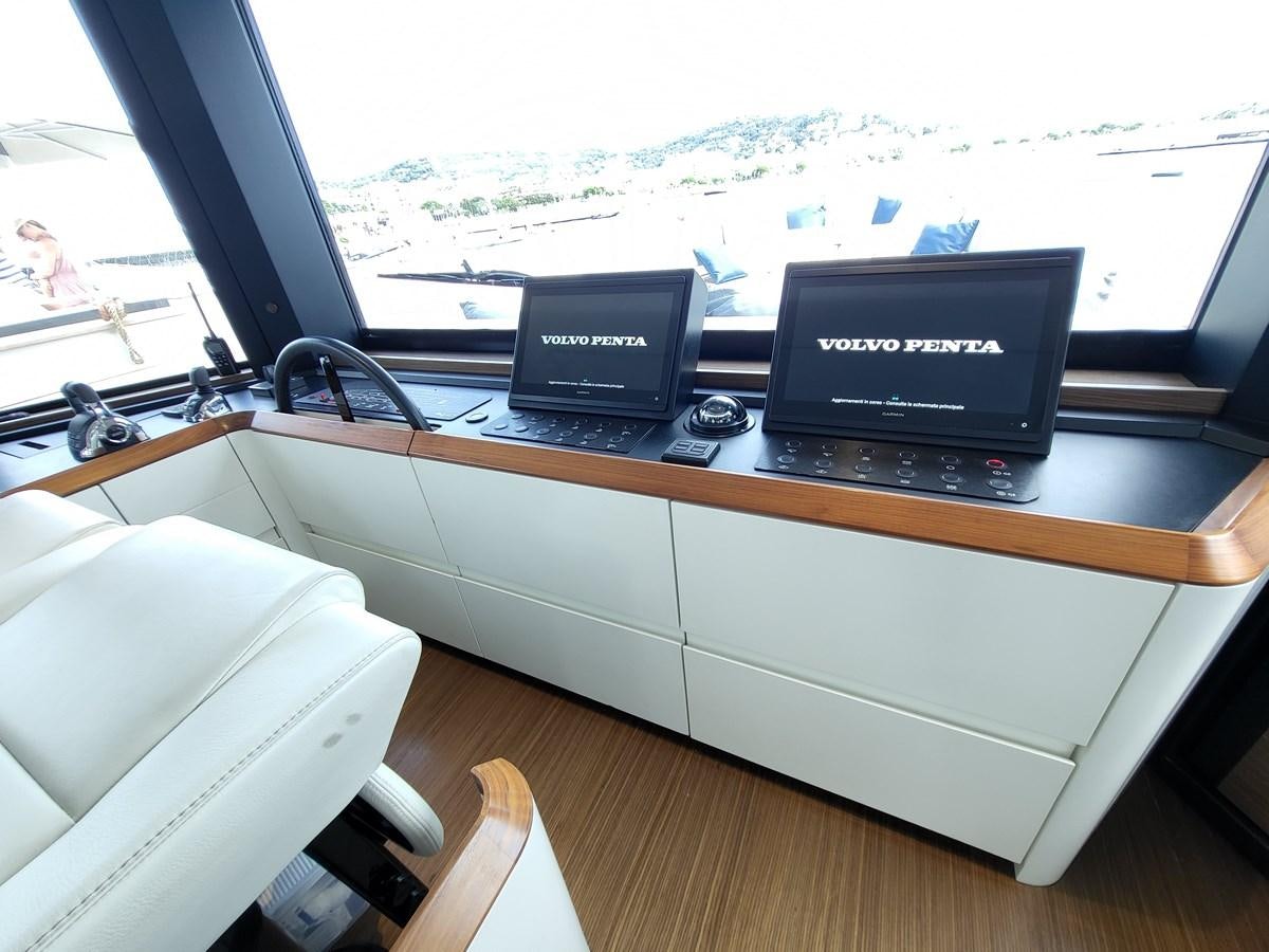 a desk with computers on it aboard EVO V8  Yacht for Sale