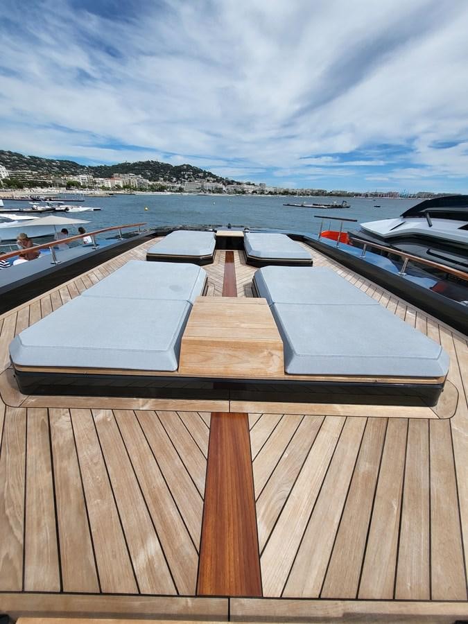 a deck overlooking a body of water aboard EVO V8  Yacht for Sale