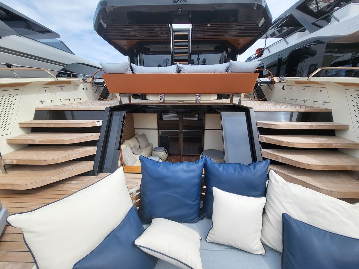 a boat with pillows and a bed aboard EVO V8  Yacht for Sale