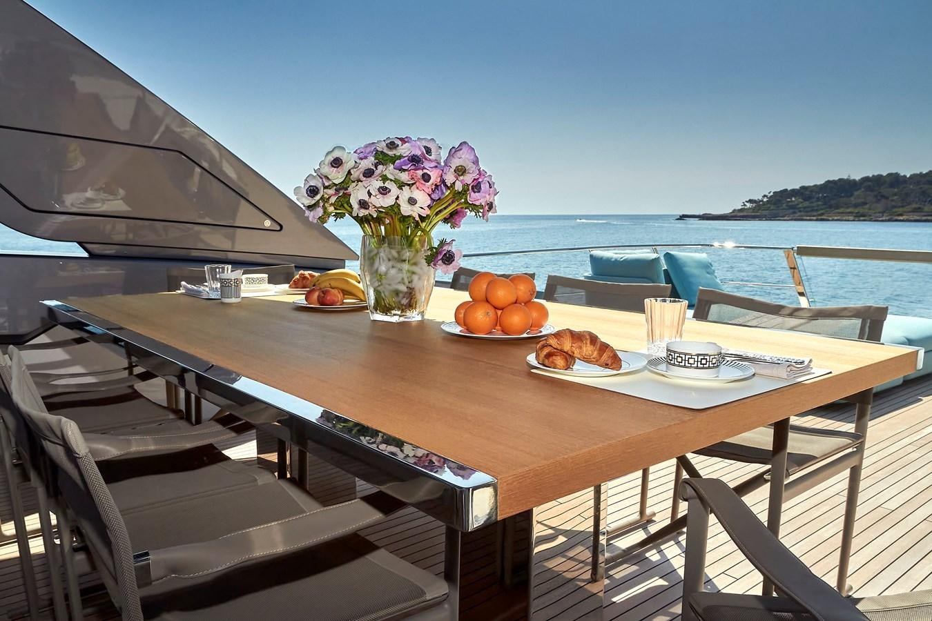 a table with food on it aboard SL96A Yacht for Sale