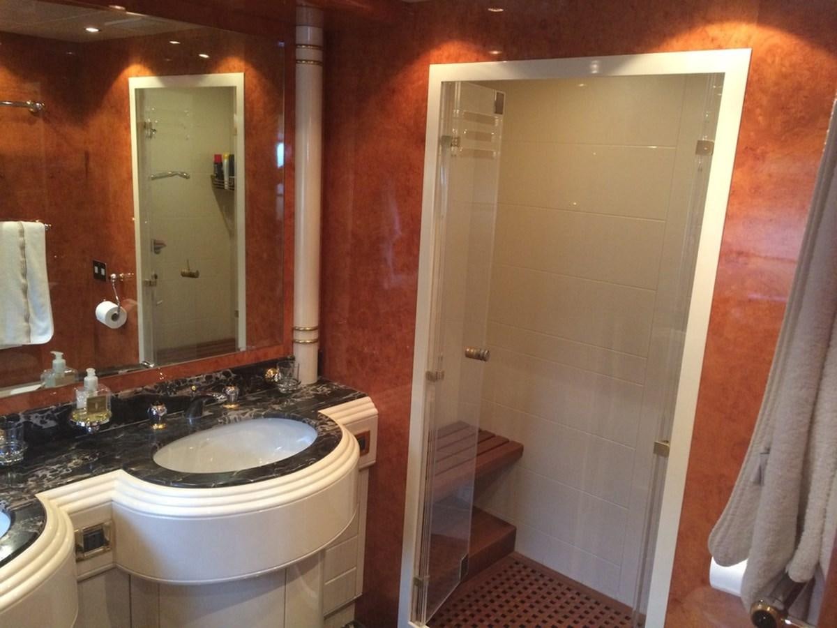 a bathroom with a sink and a shower aboard BIRD OF PREY  Yacht for Sale