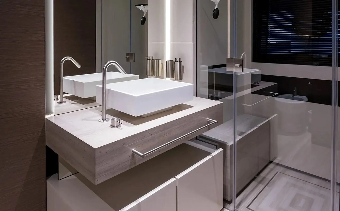a bathroom with a large mirror aboard GIOIA Yacht for Sale
