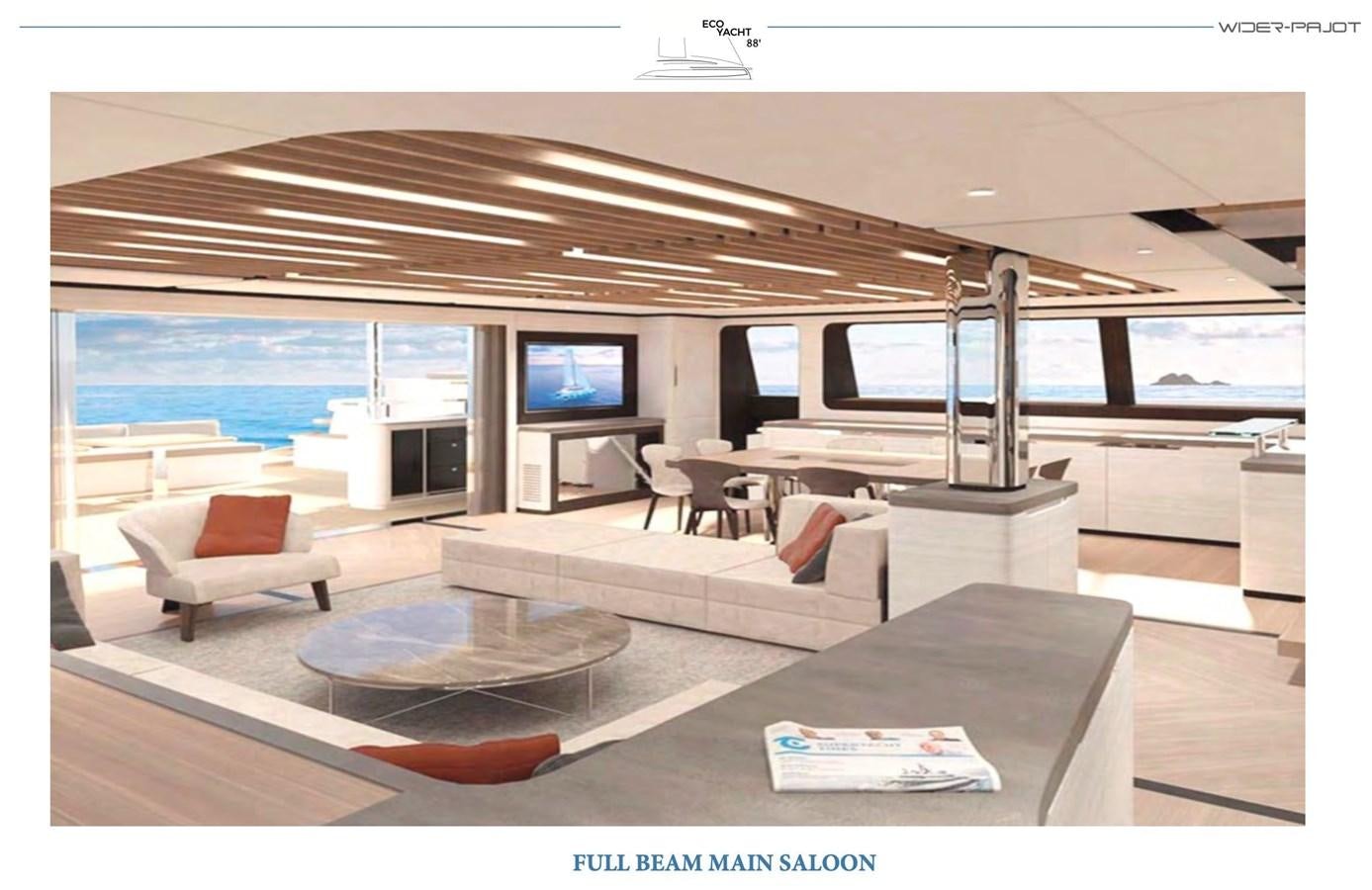 a room with a large window and a view of the ocean aboard ALUMINUM HYBRID-SOLARSAIL ECO Yacht for Sale