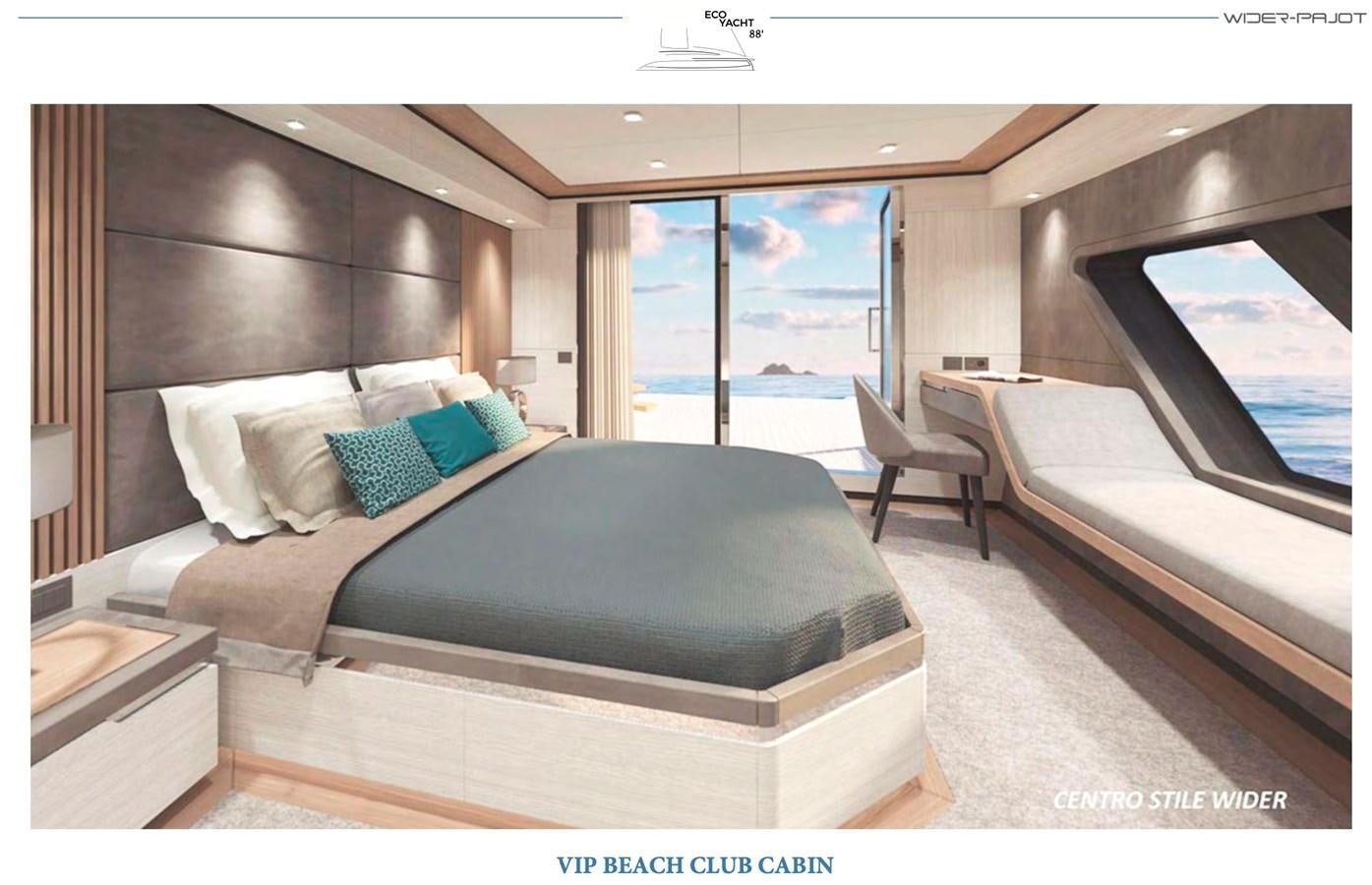 a room with a bed and a large window aboard ALUMINUM HYBRID-SOLARSAIL ECO Yacht for Sale