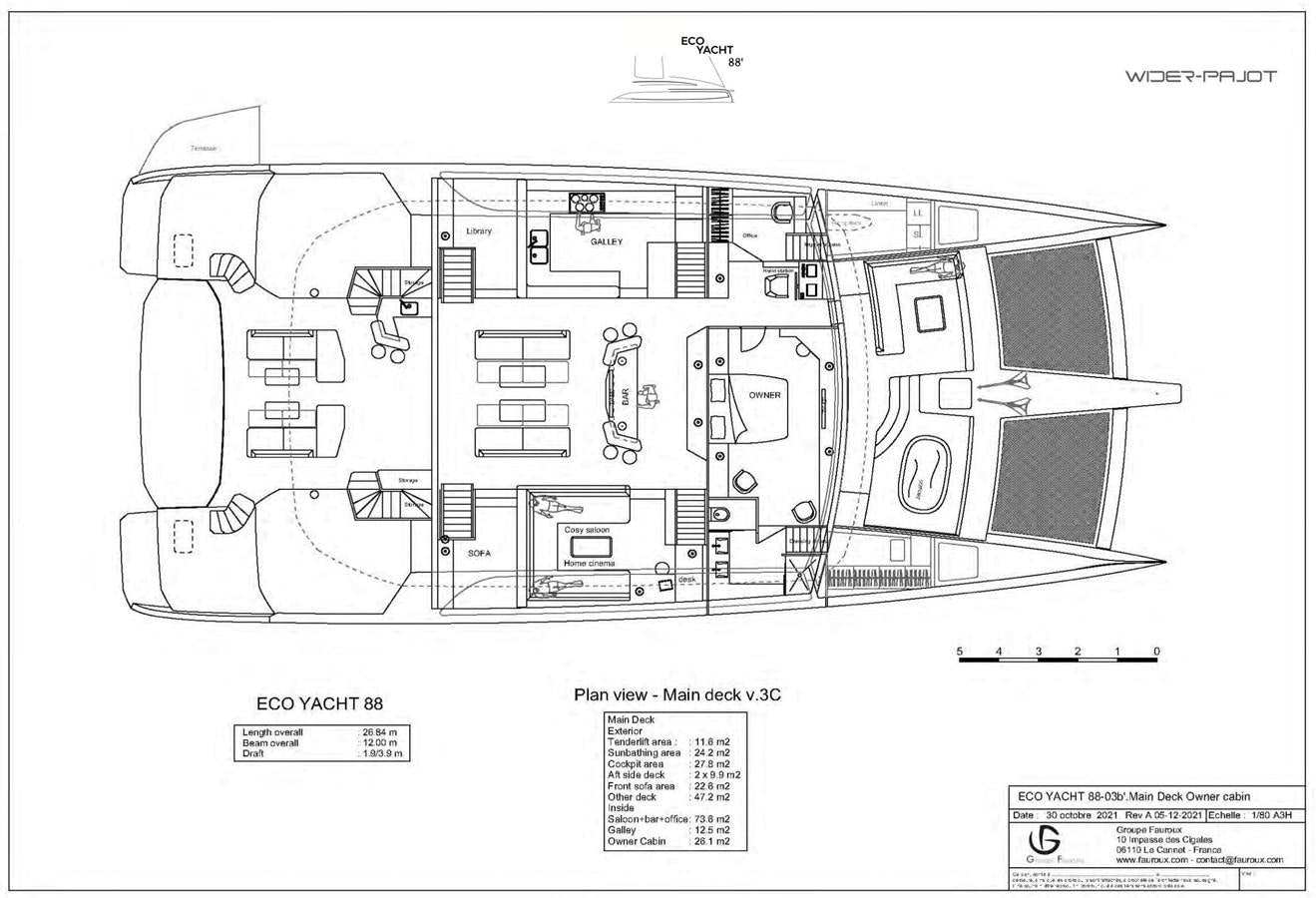 diagram, engineering drawing aboard ALUMINUM HYBRID-SOLARSAIL ECO Yacht for Sale