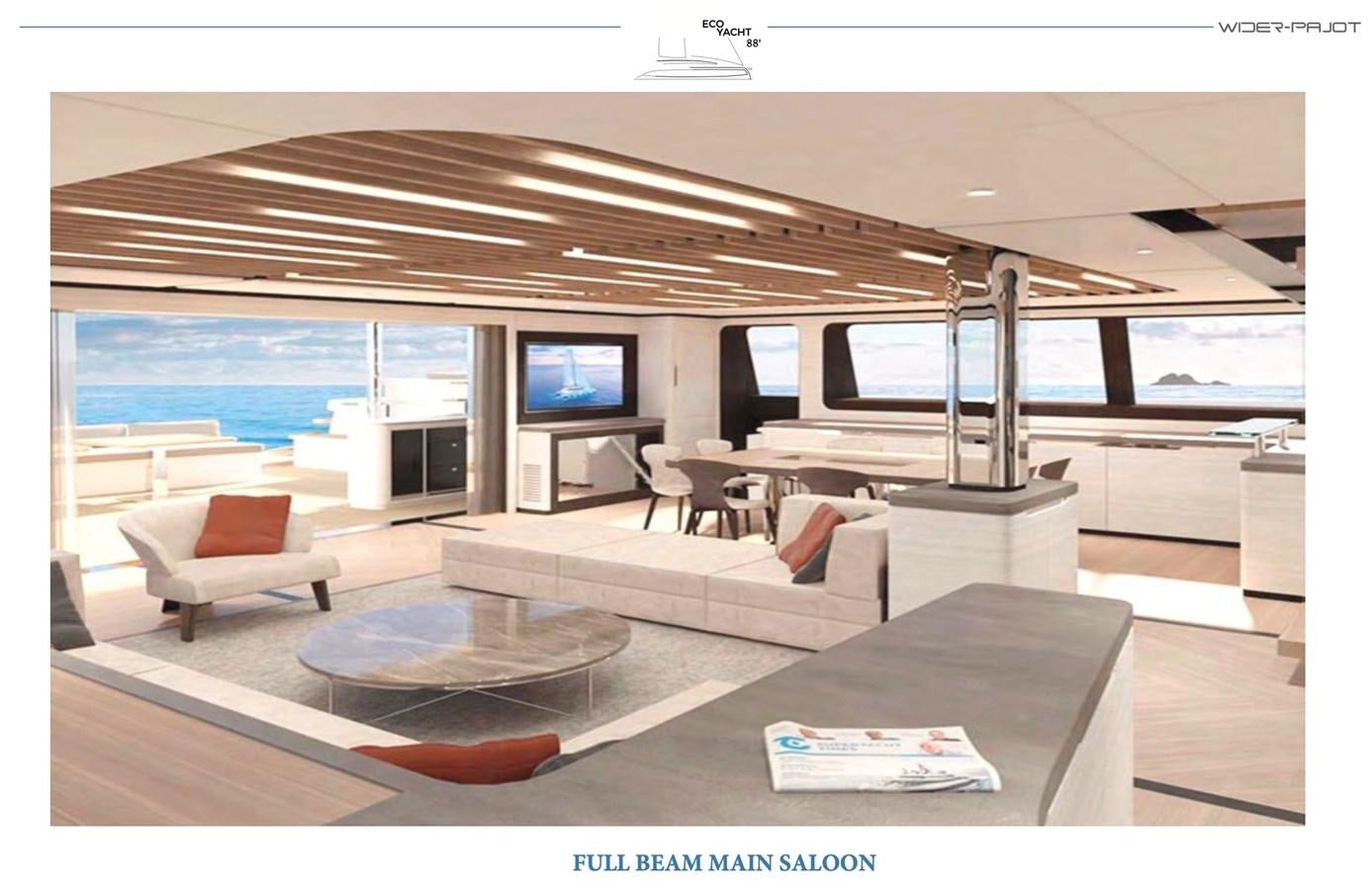 a room with a large window and a view of the ocean aboard ALUMINUM HYBRID-SOLARSAIL ECO Yacht for Sale