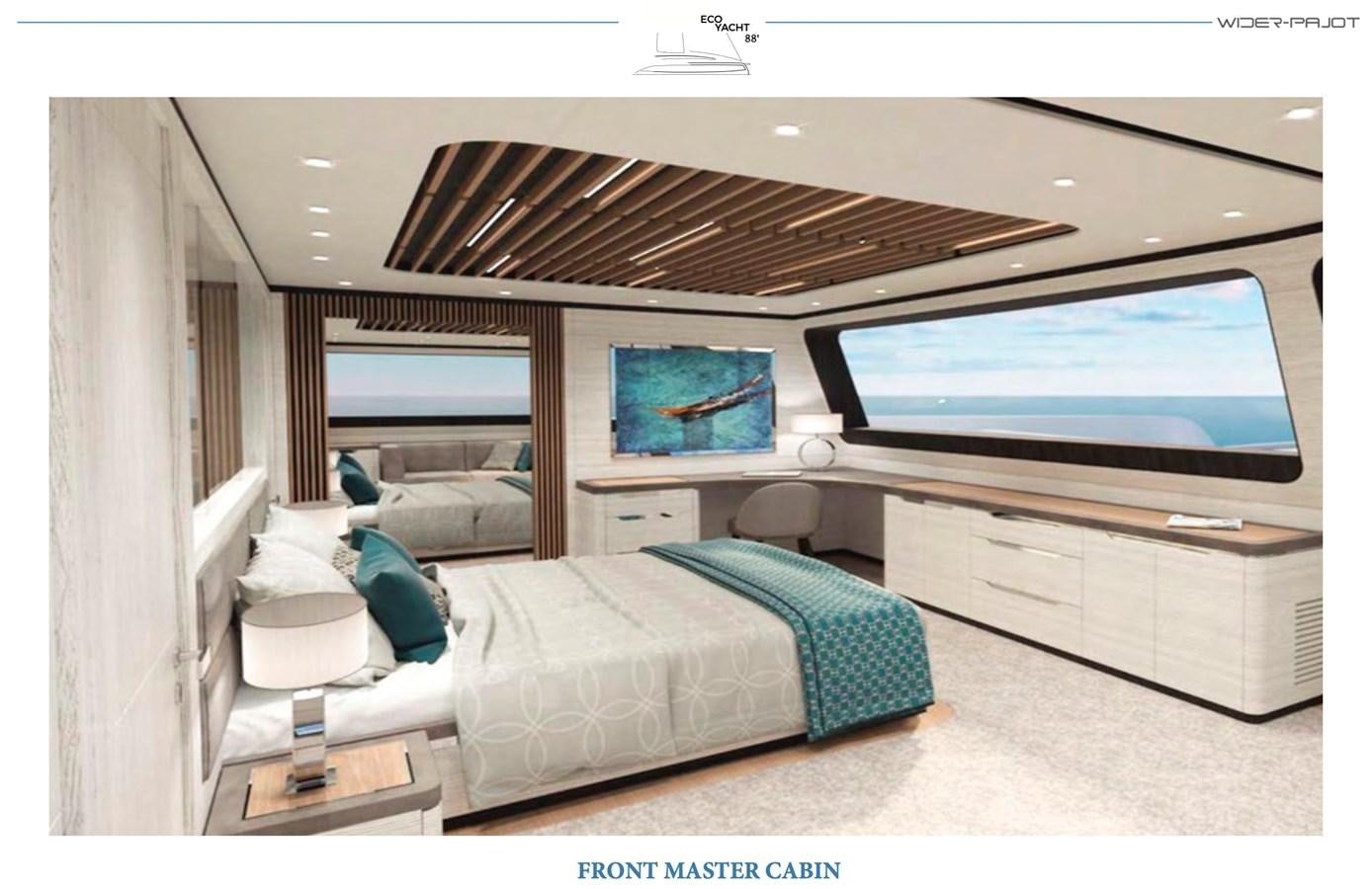 a room with a bed and a tv aboard ALUMINUM HYBRID-SOLARSAIL ECO Yacht for Sale