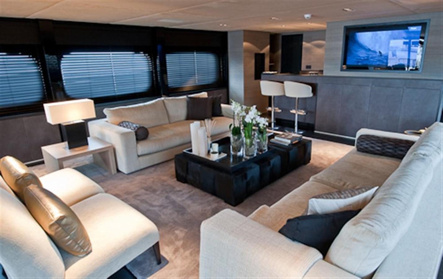 a living room with a large screen aboard LATITUDE Yacht for Charter